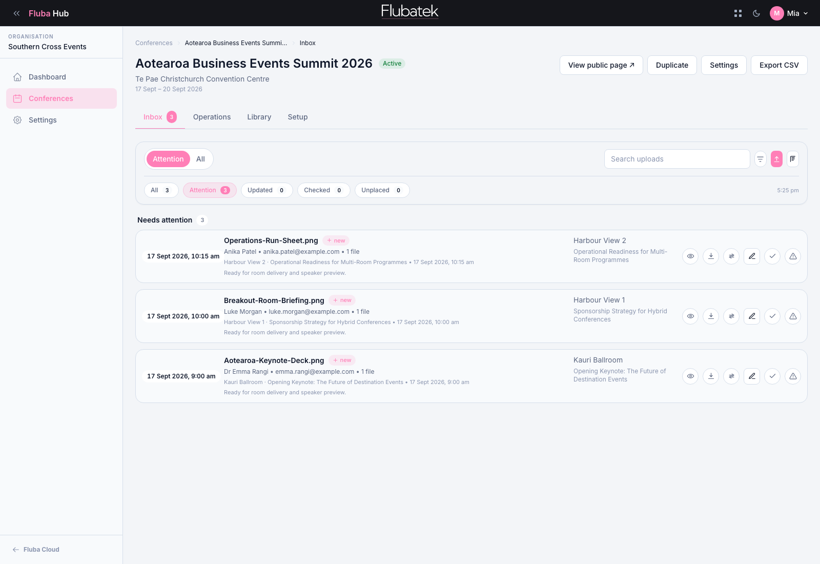 Fluba Hub inbox showing organiser review queues with recent uploads grouped by time, room, and session.