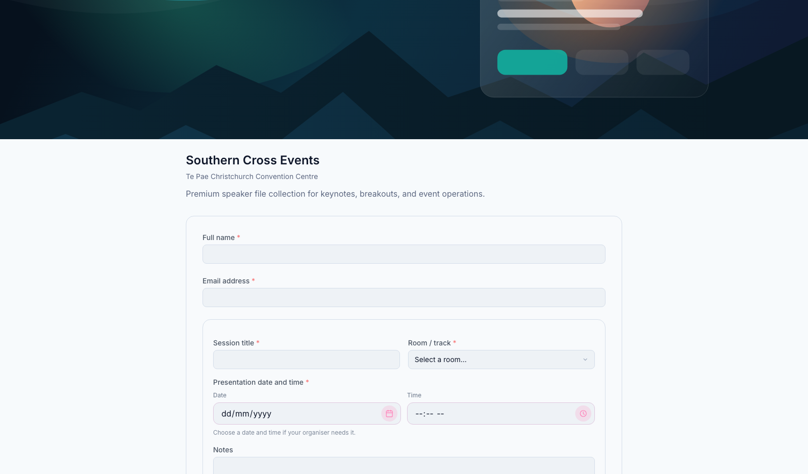 Branded public conference upload page with a custom hero banner, organiser styling, room selection, scheduling fields, and file categories.