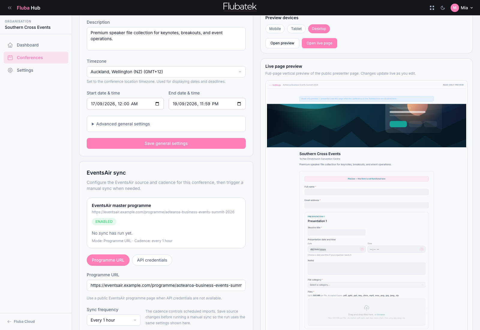 Fluba Hub settings page with a live public-page preview and conference setup controls.